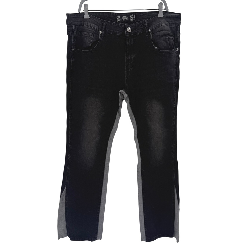 Rebel Vengeance Mens Two Tone Paneled Flare Jeans Black Grey‎ Skull Rivets Sz 36